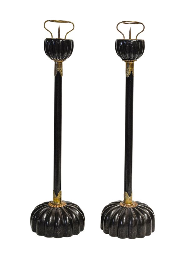 PAIR OF JAPANESE LACQUER AND GILT-METAL MOUNTED CANDLESTICKS