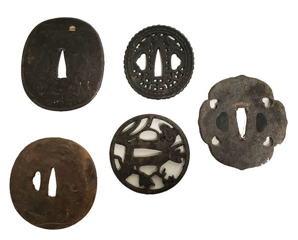 FIVE ASSORTED IRON TSUBA