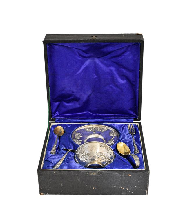 JAPANESE SILVER CASED CHRISTENING SET