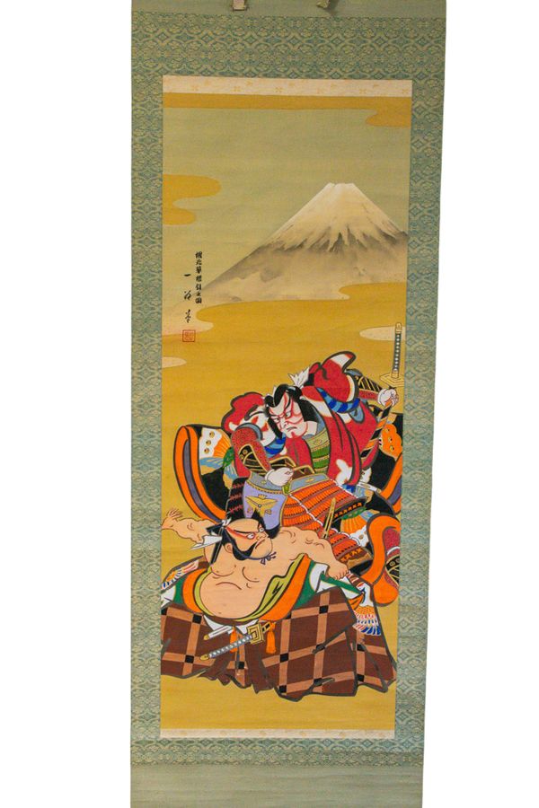 JAPANESE SCROLL PAINTING OF THE KABUKI PLAY KONGEN KUSAZURIBIKI, BY IKKOKU 