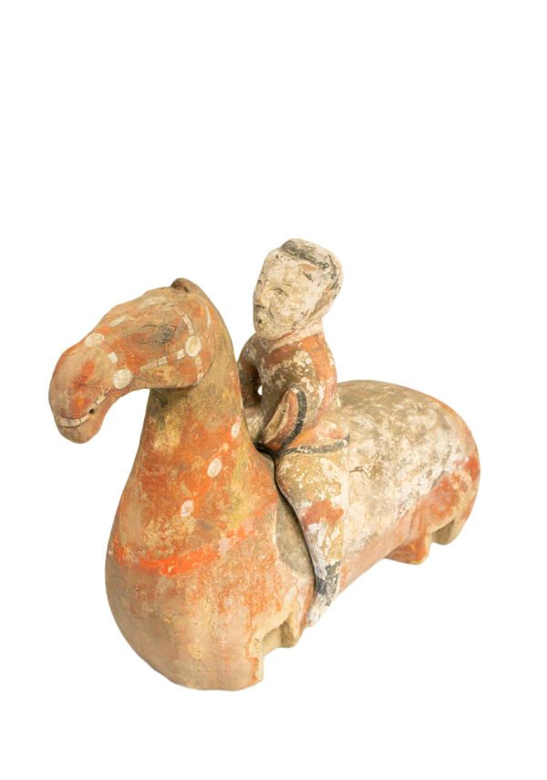 LARGE PAINTED POTTERY HORSE TORSO AND RIDER, HAN DYNASTY