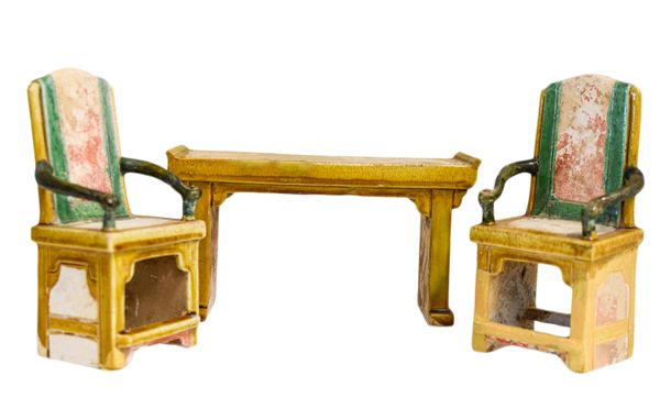 SANCAI GLAZED POTTERY ALTAR TABLE AND PAIR OF CHAIRS, MING DYNASTY