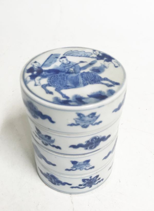 BLUE AND WHITE STACKING CYLINDRICAL BOX, JIAJING SIX CHARACTER MARK BUT QING DYNASTY