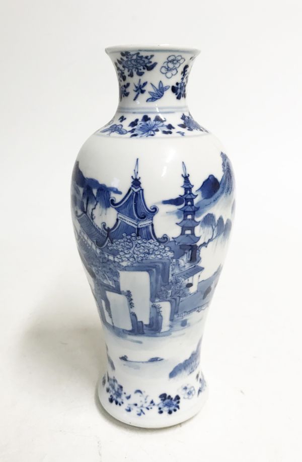 BLUE AND WHITE 'SCHOLARS ON A BRIDGE' BALUSTER VASE, KANGXI FOUR CHARACTER MARK BUT 19TH CENTURY