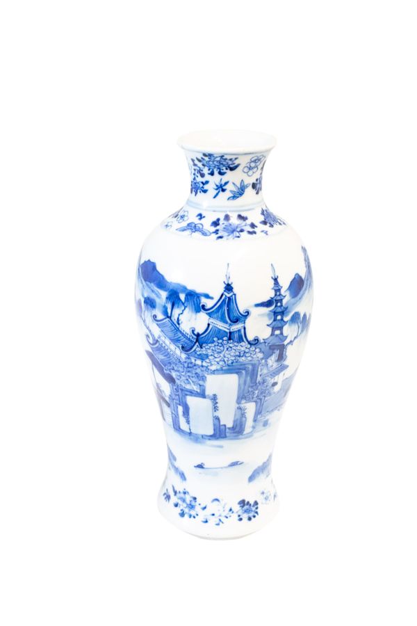 BLUE AND WHITE 'SCHOLARS ON A BRIDGE' BALUSTER VASE, KANGXI FOUR CHARCTER MARK BUT 19TH CENTURY