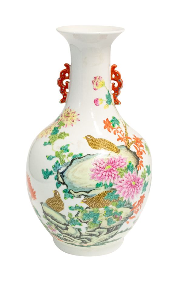 FAMILLE ROSE 'QUAILS' BALUSTER VASE