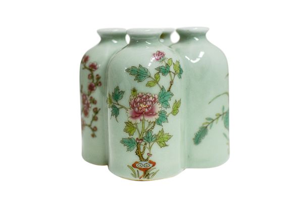 FAMILLE ROSE QUADRIFORM CELADON-GLAZE VASE, REPUBLIC PERIOD