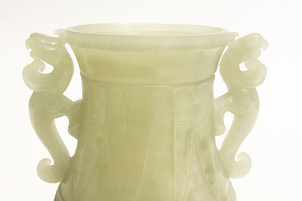 CARVED CELADON JADE BALUSTER VASE AND COVER