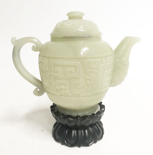 CARVED CELADON JADE TEAPOT