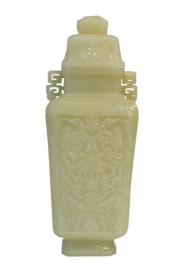 FINE CARVED WHITE JADE VASE AND COVER