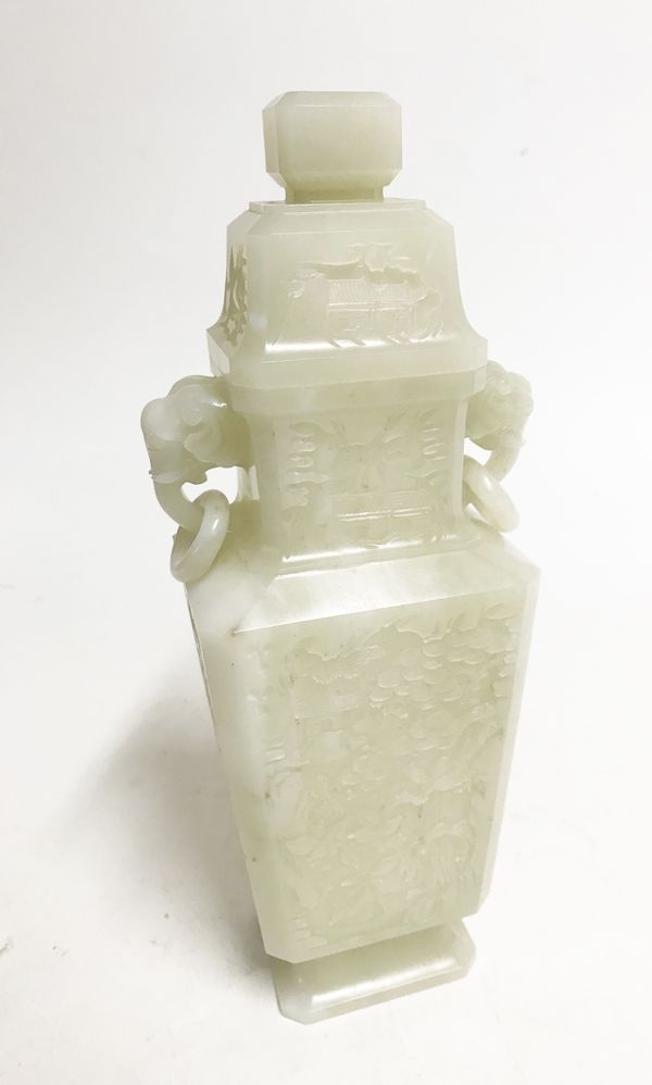 FINE CARVED WHITE JADE 'SCHOLAR AND PINE TREES' VASE AND COVER