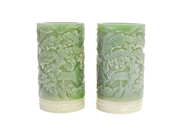 PAIR OF CARVED GREEN HARDSTONE BRUSH POTS, 20TH CENTURY