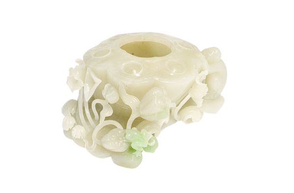 CARVED CELADON JADE 'BOYS AND LOTUS POD' BRUSH WASHER, 20TH CENTURY