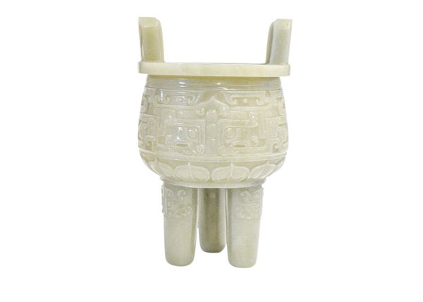 CARVED CELADON JADE 'ARCHAIC' TRIPOD CENSER, 20TH CENTURY