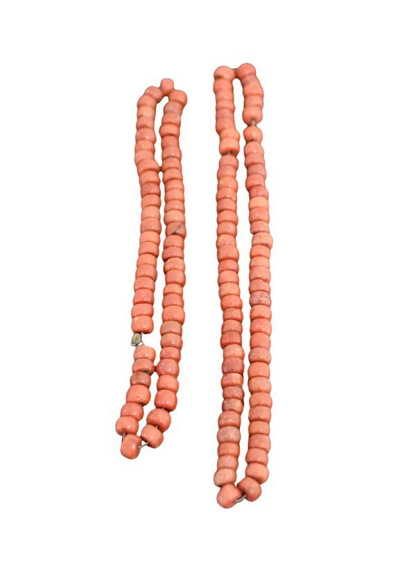 TWO STRING OF CORAL BEADS, LATE QING DYNASTY