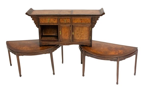 PAIR OF MINIATURE HARDWOOD AND BURRWOOD DEMI-LUNE TABLES, REBUBLIC PERIOD