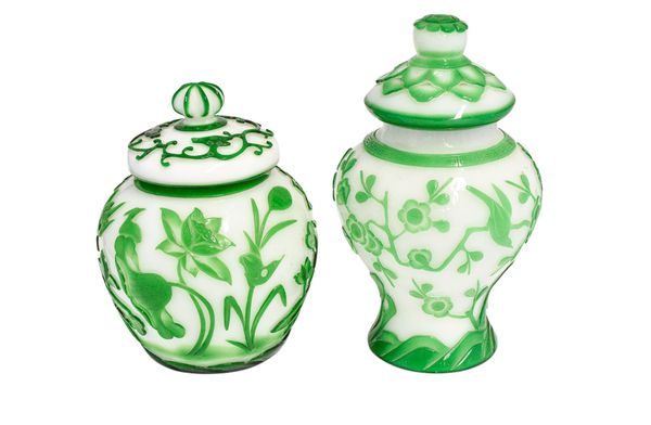 TWO GREEN OVERALY PEKING GLASS COVERED JARS, 20TH CENTURY