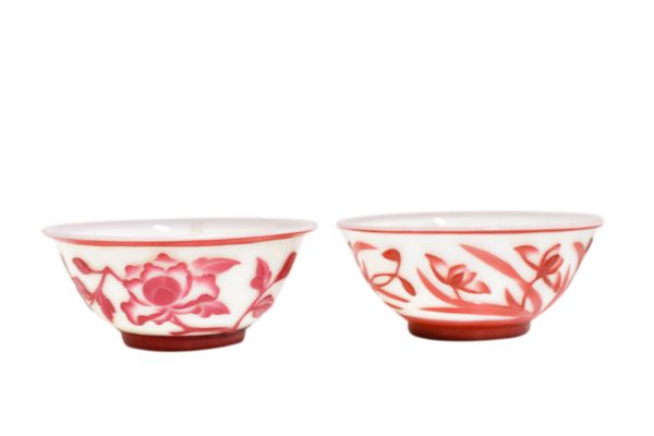TWO RED OVERLAY PEKING GLASS BOWLS, 20TH CENTURY
