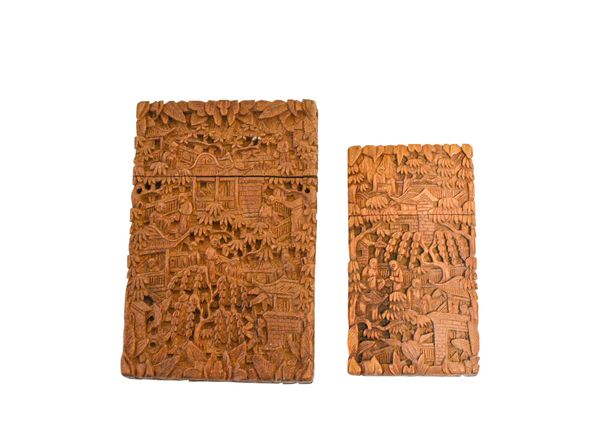 TWO CANTON EXPORT CARVED BOXWOOD CARD CASES, LATE QING DYNASTY