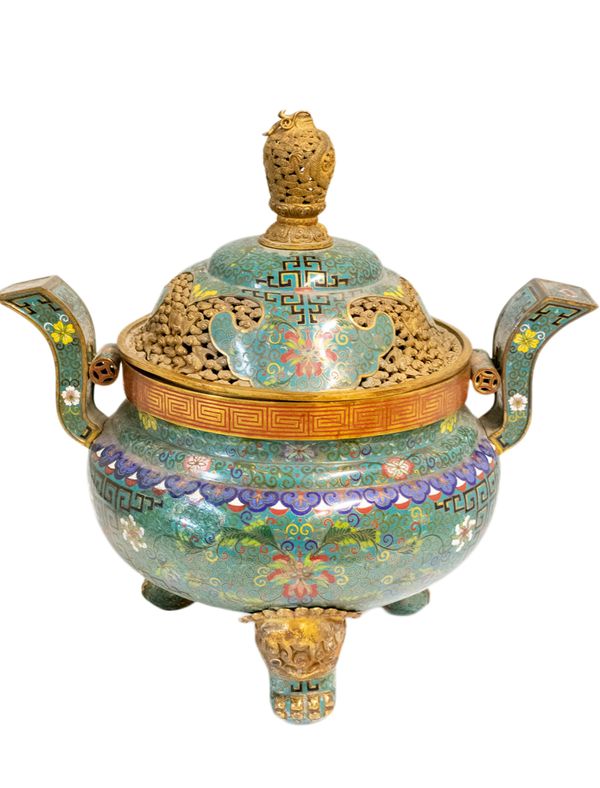 LARGE CLOISONNE TRIPOD CENSER AND COVER, QING DYNASTY, 19TH CENTURY