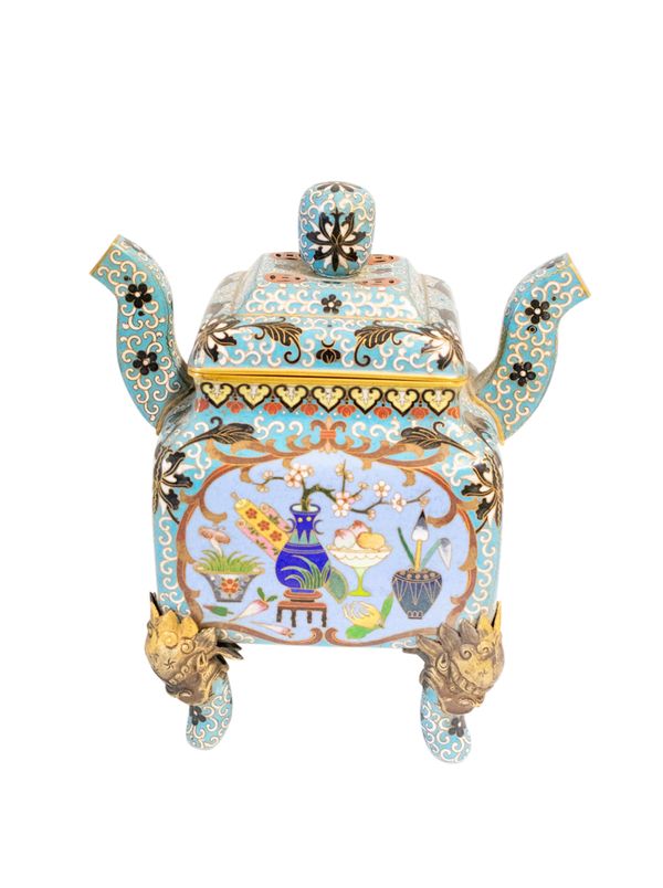 CLOISONNE TURQUOISE-GROUND CLOISONNE CENSER AND COVER, LATE QING / REPUBLIC PERIOD