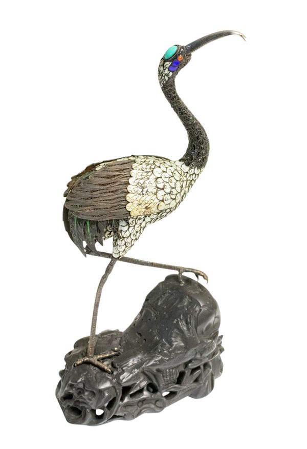 SILVER AND ENAMEL FIGURE OF A CRANE, 20TH CENTURY