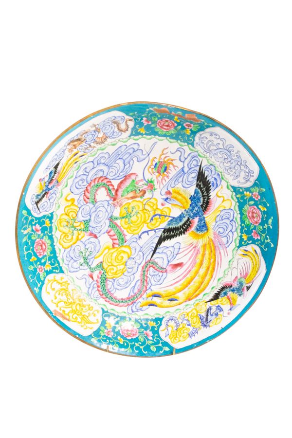 LARGE CANTON ENAMEL 'DRAGON AND PHOENIX' DISH, LATE QING DYNASTY