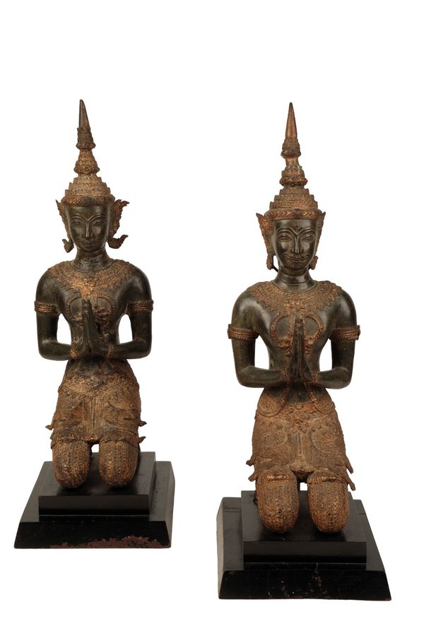 PAIR GILT AND PATINATED BRONZE KNEELING BUDDHAS, THAILAND, 20TH CENTURY