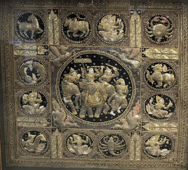 LARGE GOLD AND SILVER THREAD 'ZODIAC' EMBROIDERED PANEL, BURMESE 20TH CENTURY