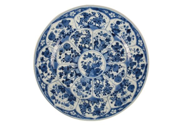 BLUE AND WHITE FOLIATE CHARGER, KANGXI SIX CHARACTER MARK AND OF THE PERIOD