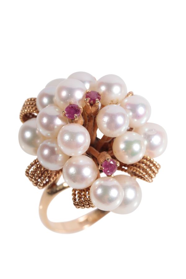 CULTURED PEARL AND "RUBY" CLUSTER RING