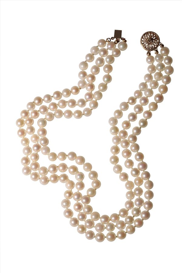 TRIPLE STRAND CULTURED PEARL NECKLACE