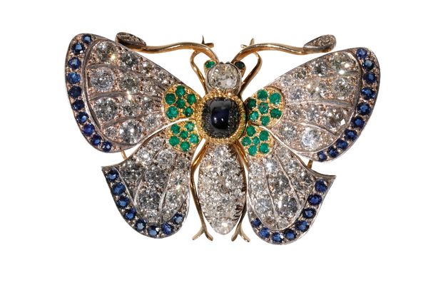 VICTORIAN DIAMOND SAPPHIRE AND EMERALD BUTTERFLY BROOCH