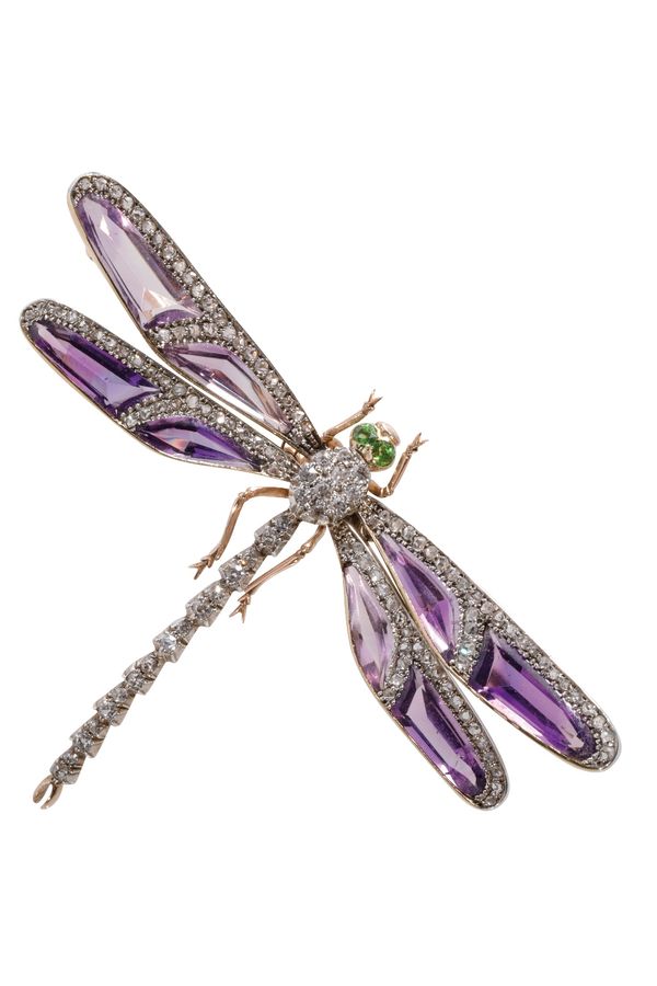 ART NOUVEAU DIAMOND AND AMETHYST DRAGON FLY BROOCH