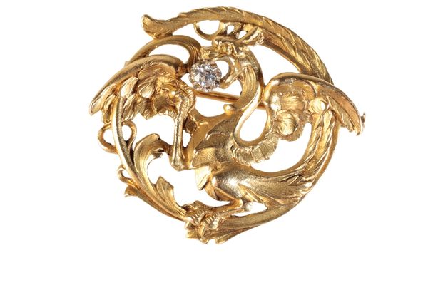 FRENCH PHOENIX GOLD AND DIAMOND BROOCH