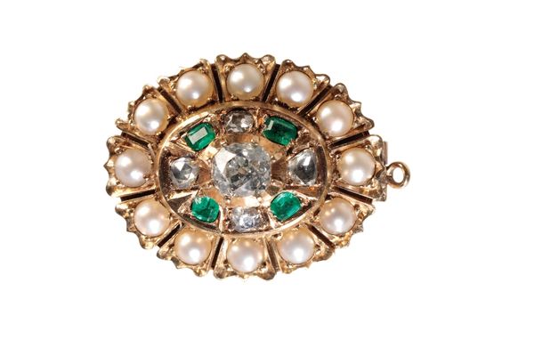 VICTORIAN DIAMOND EMERALD AND SEED PEARL BROOCH