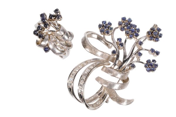 WHITE GOLD, DIAMOND AND SAPPHIRE SPRAY BROOCH AND EN-SUITE RING