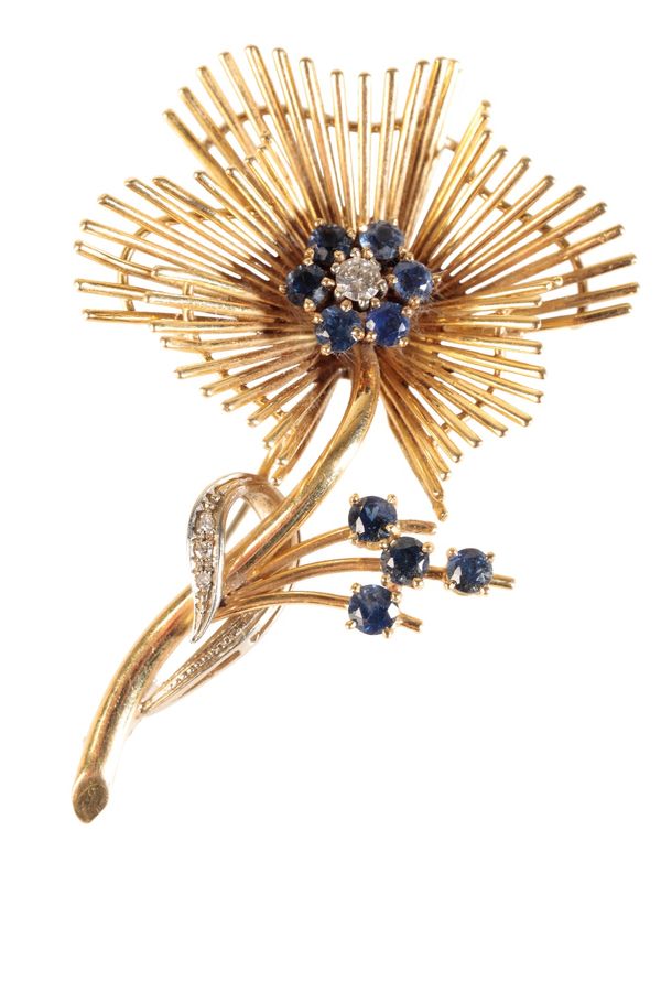 GOLD SAPPHIRE AND DIAMOND FLORAL BROOCH