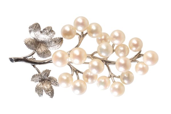 CULTURED PEARL AND DIAMOND SPRAY BROOCH