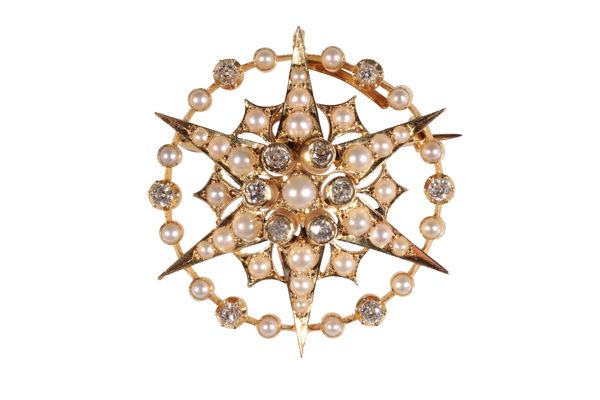 A VICTORIAN DIAMOND AND SEED PEARL STAR BROOCH/PENDANT