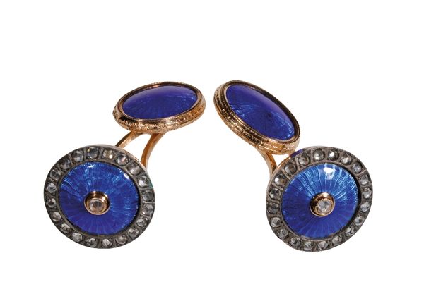 PAIR OF GENTLEMAN'S GUILLOCHE ENAMEL, GOLD AND SILVER CUFFLINKS