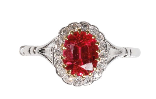 SYNTHETIC RUBY AND DIAMOND CLUSTER RING