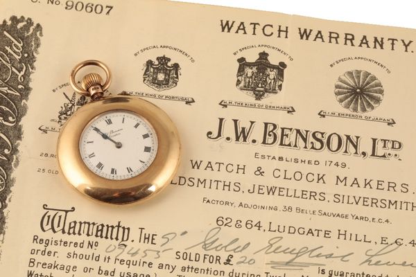 J.W. BENSON LIMITED: 9 CARAT GOLD OPEN FACED POCKET WATCH