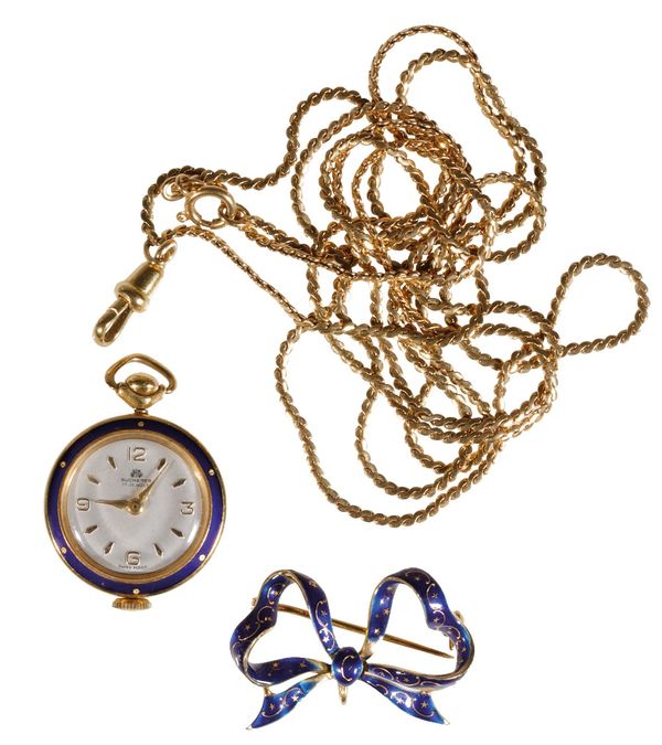 BUCHERER ENAMELED PENDANT/ FOB WATCH/ BROOCH AND CHAIN