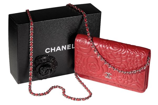 CHANEL RED LEATHER LADIES EMBOSSED BAG
