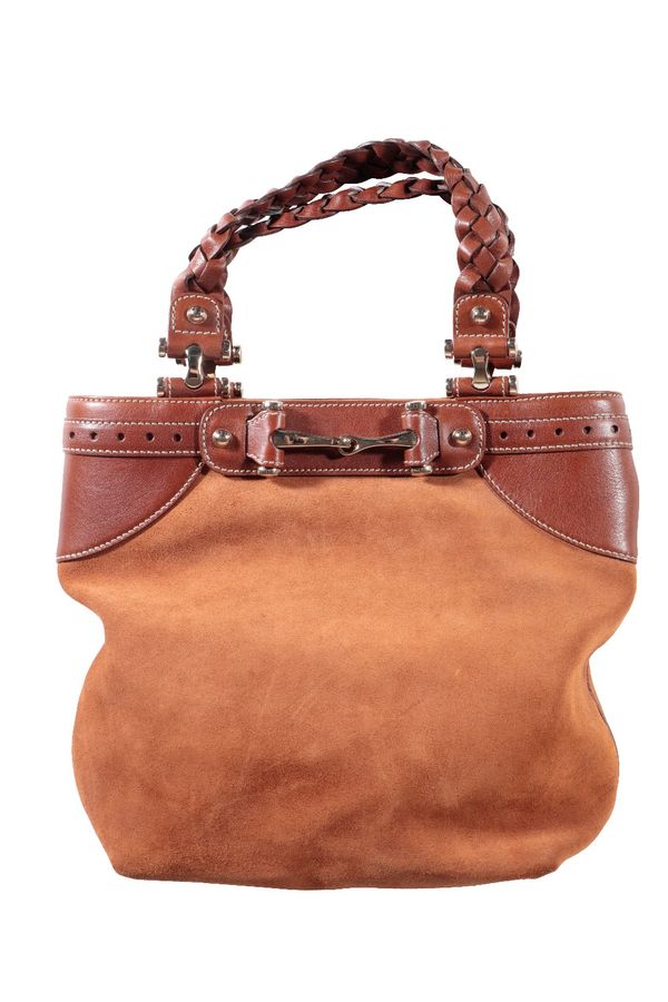 GUCCI LADIES TAN SUEDE AND LEATHER BUCKET BAG