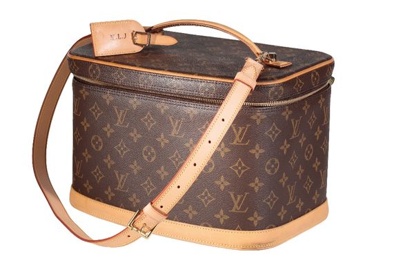 LOUIS VUITTON VANITY CASE, FASHIONED IN BROWN LEATHER WITH OVERALL 'LV' DESIGN