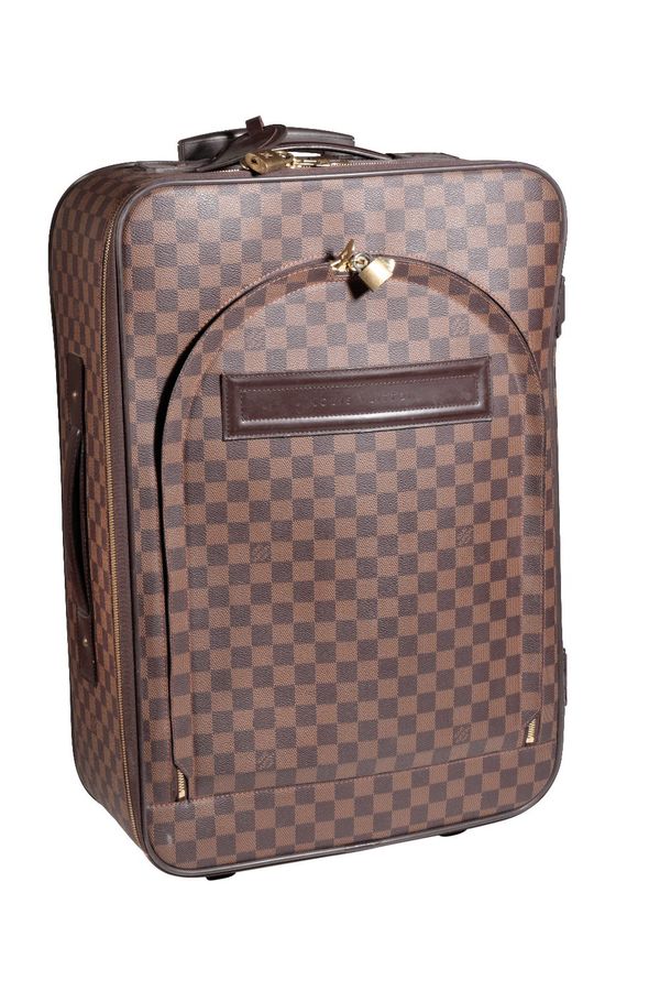 LOUIS VUITTON CHOCOLATE AND TAN CHECKED PULL ALONG TRAVEL SUITCASE