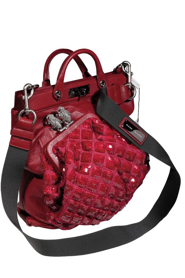 MARC JACOBS RED LEATHER 'DUFFY' HANDBAG WITH DIAMANTE FROG DETAIL