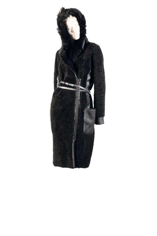 MULBERRY LADIES FULL LENGTH BLACK LEATHER AND FUR COAT